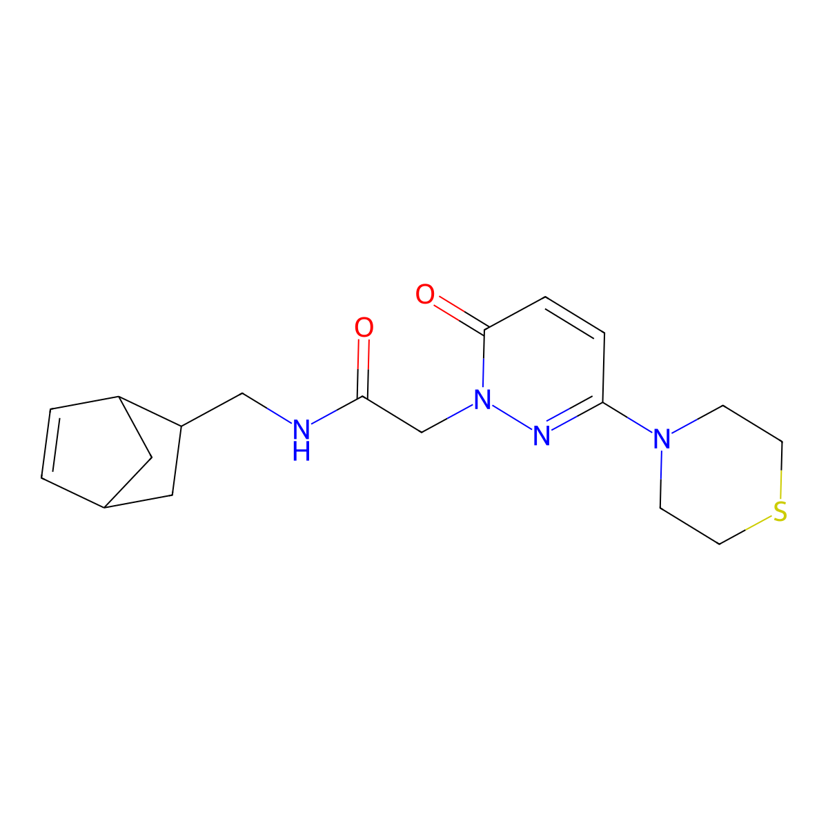 N-(bicyclo[2.2.1]hept-5-en-2-ylmethyl)-2-[6-oxo-3-(thiomorpholin-4-yl)pyridazin-1(6H)-yl]acetamide molecular structure, CAS 1351781-21-9