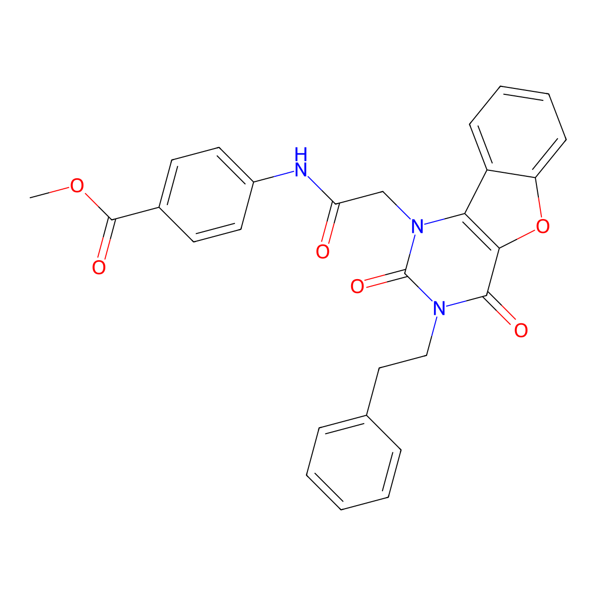 methyl 4-({[2,4-dioxo-3-(2-phenylethyl)-3,4-dihydro[1]benzofuro[3,2-d]pyrimidin-1(2H)-yl]acetyl}amino)benzoate molecular structure, CAS 1351786-70-3