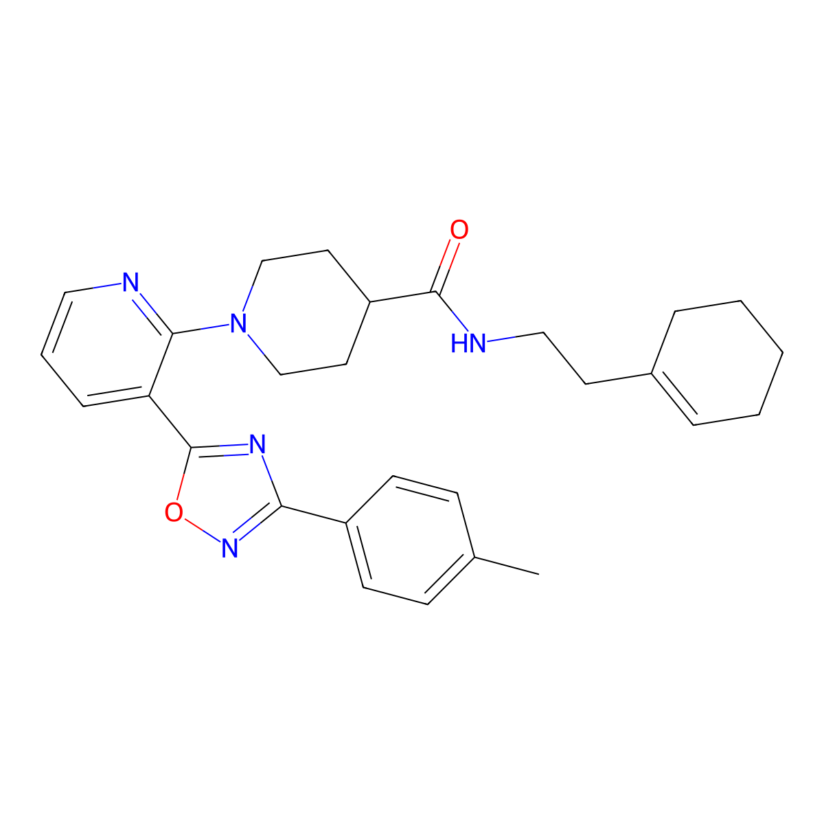 N-[2-(cyclohex-1-en-1-yl)ethyl]-1-{3-[3-(4-methylphenyl)-1,2,4-oxadiazol-5-yl]pyridin-2-yl}piperidine-4-carboxamide molecular structure, CAS 1351790-13-0