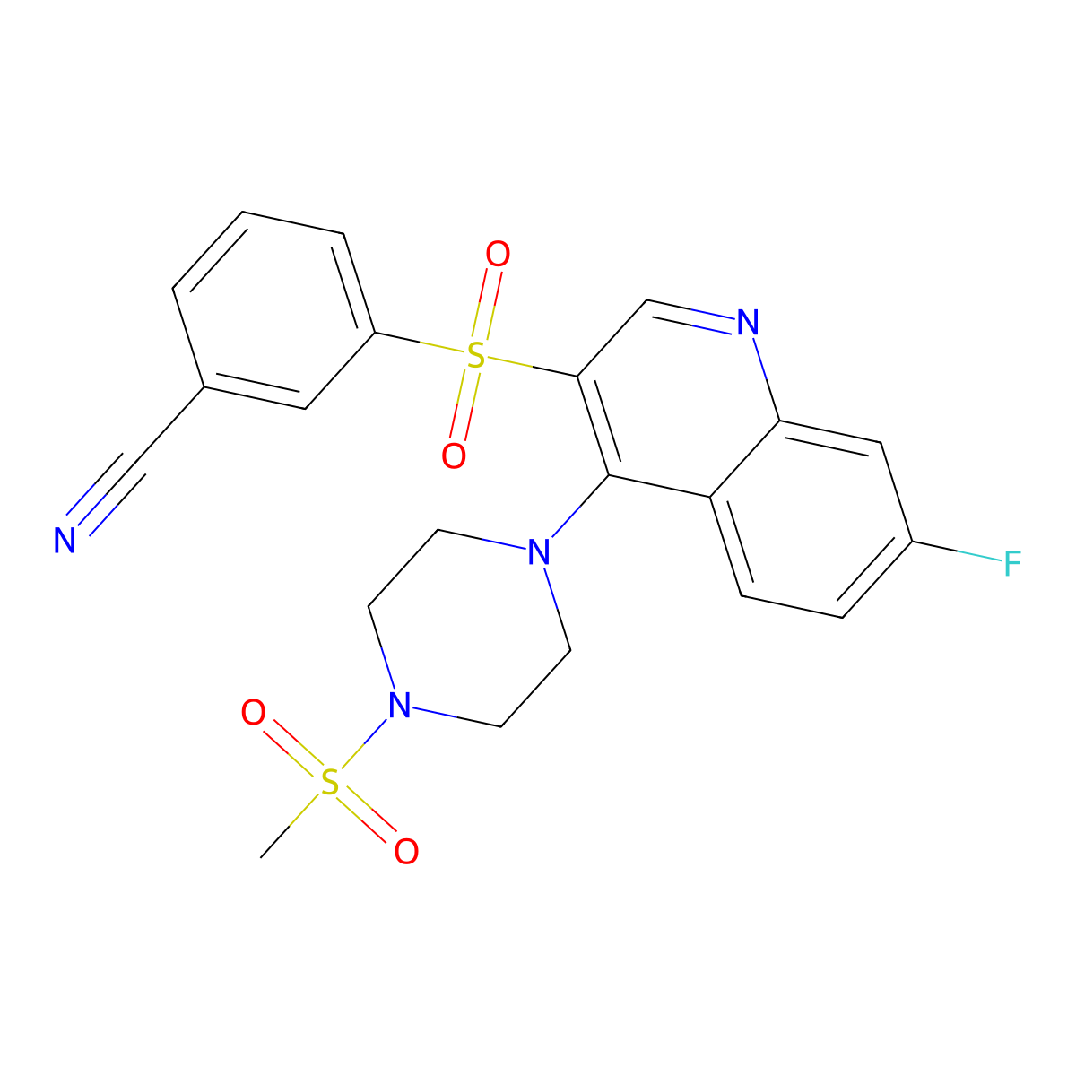 3-({7-Fluoro-4-[4-(methylsulfonyl)piperazin-1-yl]quinolin-3-yl}sulfonyl)benzonitrile molecular structure, CAS 1351792-50-1
