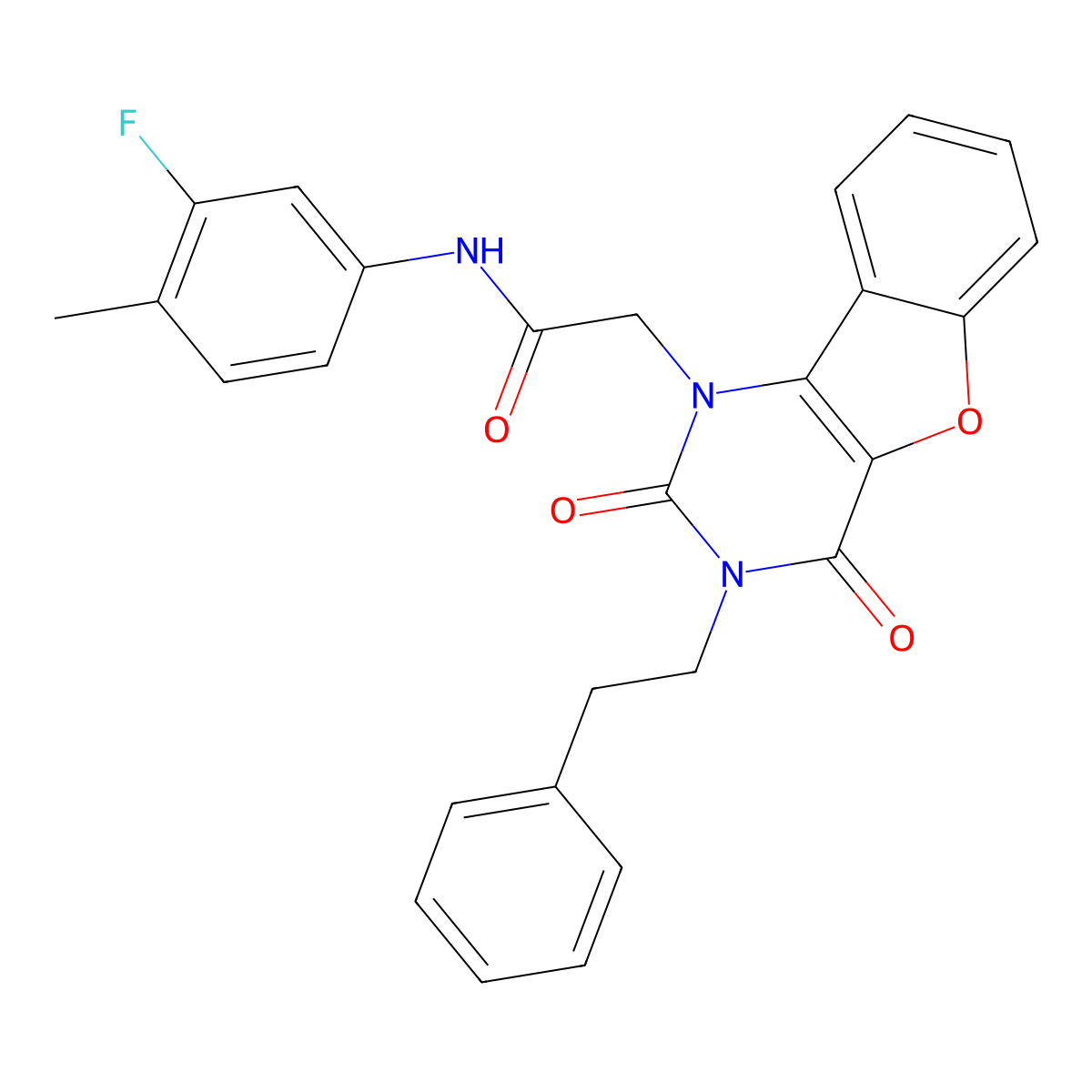 2-[2,4-dioxo-3-(2-phenylethyl)-3,4-dihydro[1]benzofuro[3,2-d]pyrimidin-1(2H)-yl]-N-(3-fluoro-4-methylphenyl)acetamide molecular structure, CAS 1351793-87-7