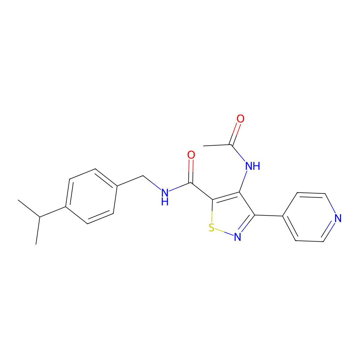 4-acetamido-N-{[4-(propan-2-yl)phenyl]methyl}-3-(pyridin-4-yl)-1,2-thiazole-5-carboxamide molecular structure, CAS 1351793-90-2