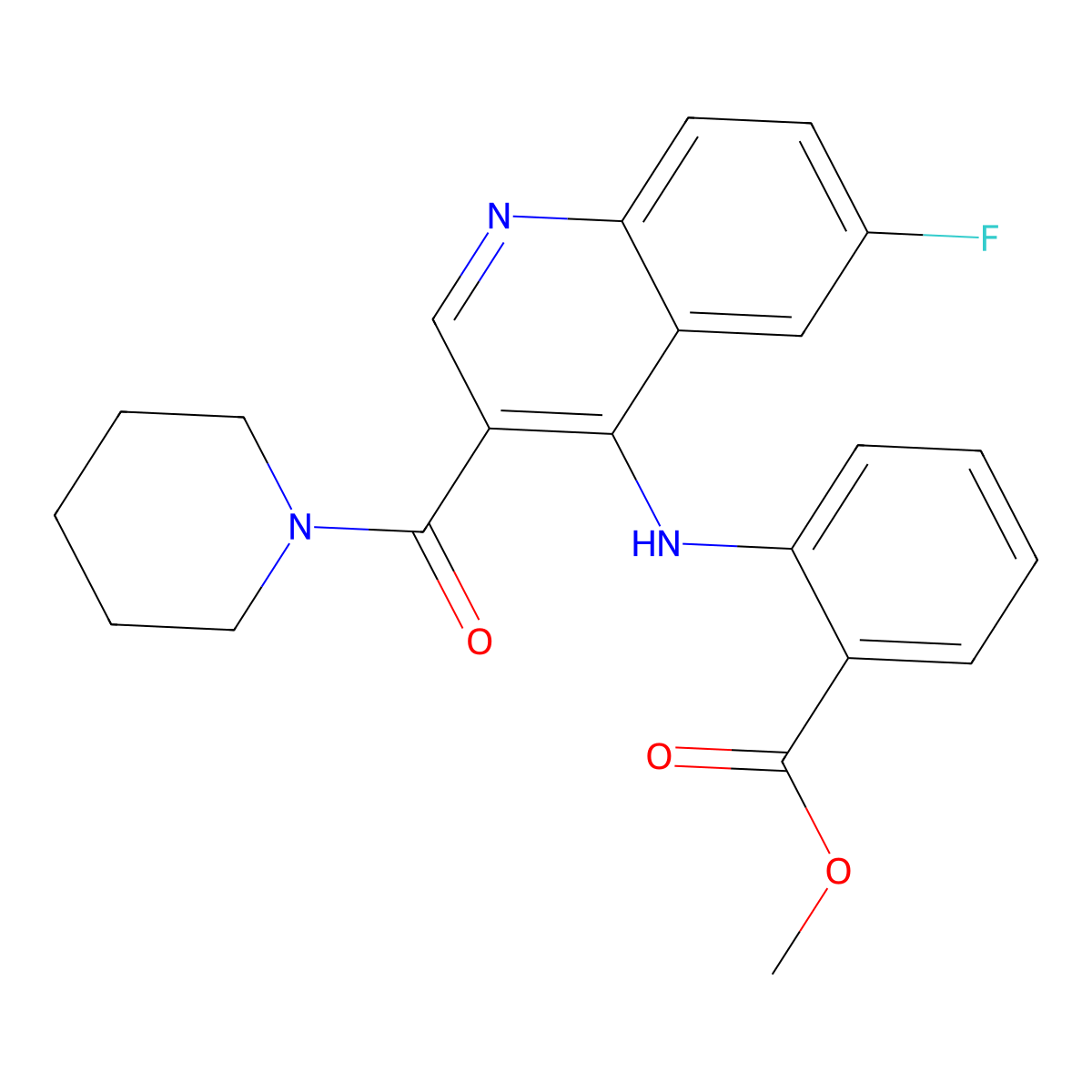 Methyl 2-{[6-fluoro-3-(piperidin-1-ylcarbonyl)quinolin-4-yl]amino}benzoate molecular structure, CAS 1351797-82-4