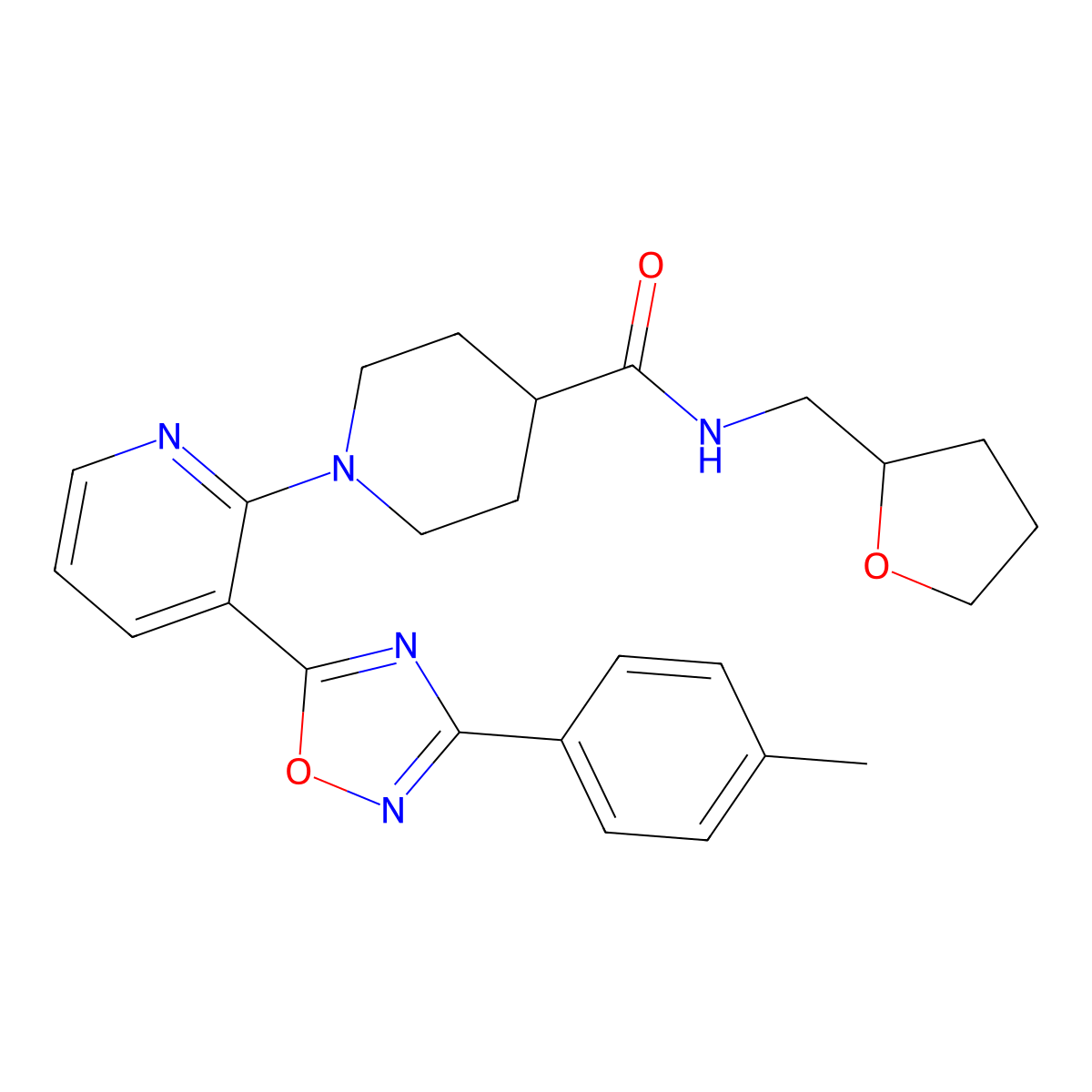 1-{3-[3-(4-methylphenyl)-1,2,4-oxadiazol-5-yl]pyridin-2-yl}-N-[(oxolan-2-yl)methyl]piperidine-4-carboxamide molecular structure, CAS 1351798-32-7