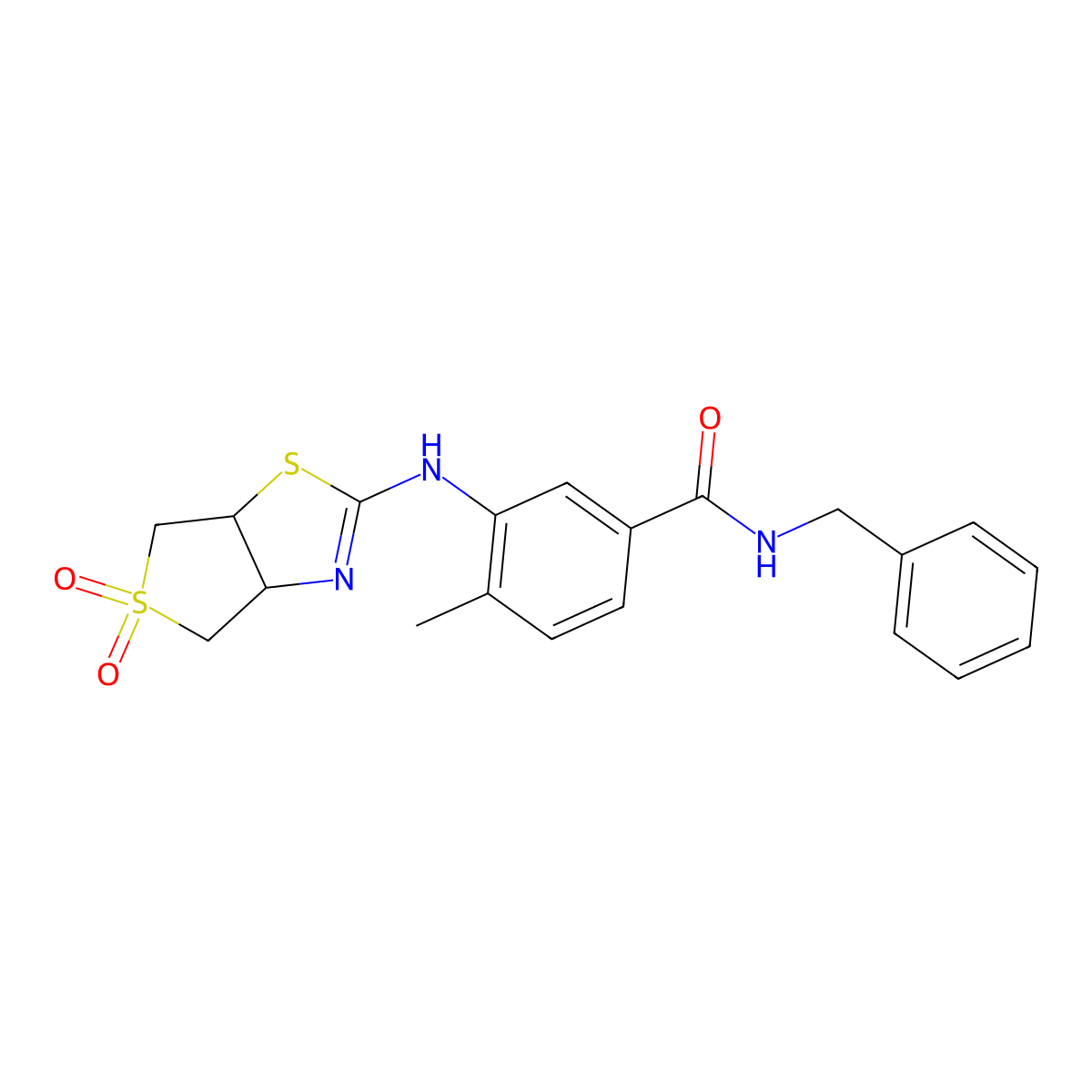 N-benzyl-3-[(5,5-dioxido-3a,4,6,6a-tetrahydrothieno[3,4-d][1,3]thiazol-2-yl)amino]-4-methylbenzamide molecular structure, CAS 1351800-77-5