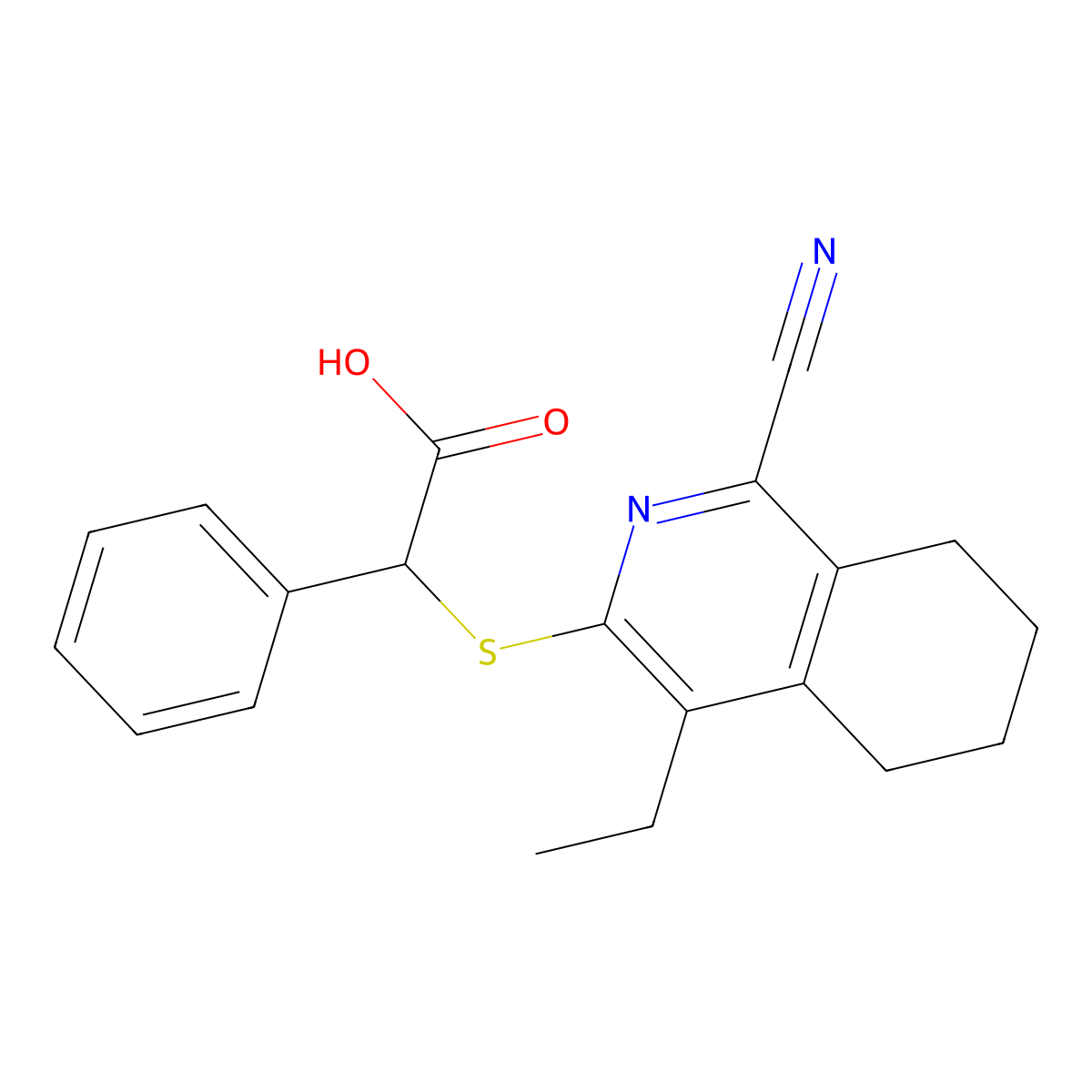 2-[(1-Cyano-4-ethyl-5,6,7,8-tetrahydroisoquinolin-3-yl)sulfanyl]-2-phenylacetic acid molecular structure, CAS 1351802-68-0