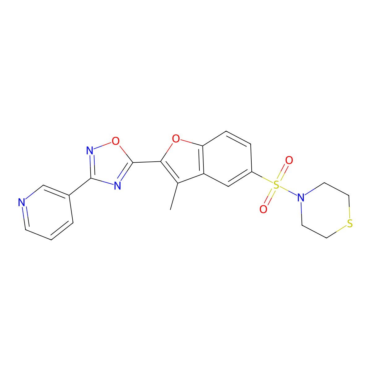 4-({3-Methyl-2-[3-(pyridin-3-yl)-1,2,4-oxadiazol-5-yl]-1-benzofuran-5-yl}sulfonyl)thiomorpholine molecular structure, CAS 1351810-06-4