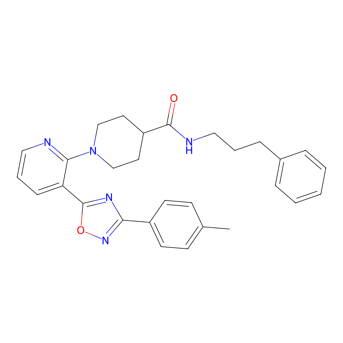 1-{3-[3-(4-methylphenyl)-1,2,4-oxadiazol-5-yl]pyridin-2-yl}-N-(3-phenylpropyl)piperidine-4-carboxamide molecular structure, CAS 1351816-86-8
