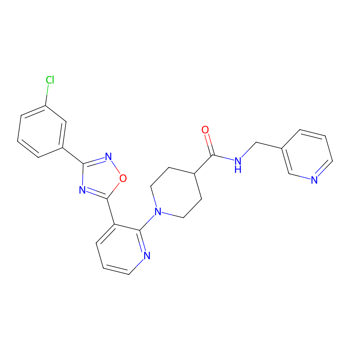 1-{3-[3-(3-Chlorophenyl)-1,2,4-oxadiazol-5-YL]pyridin-2-YL}-N-[(pyridin-3-YL)methyl]piperidine-4-carboxamide molecular structure, CAS 1351818-45-5