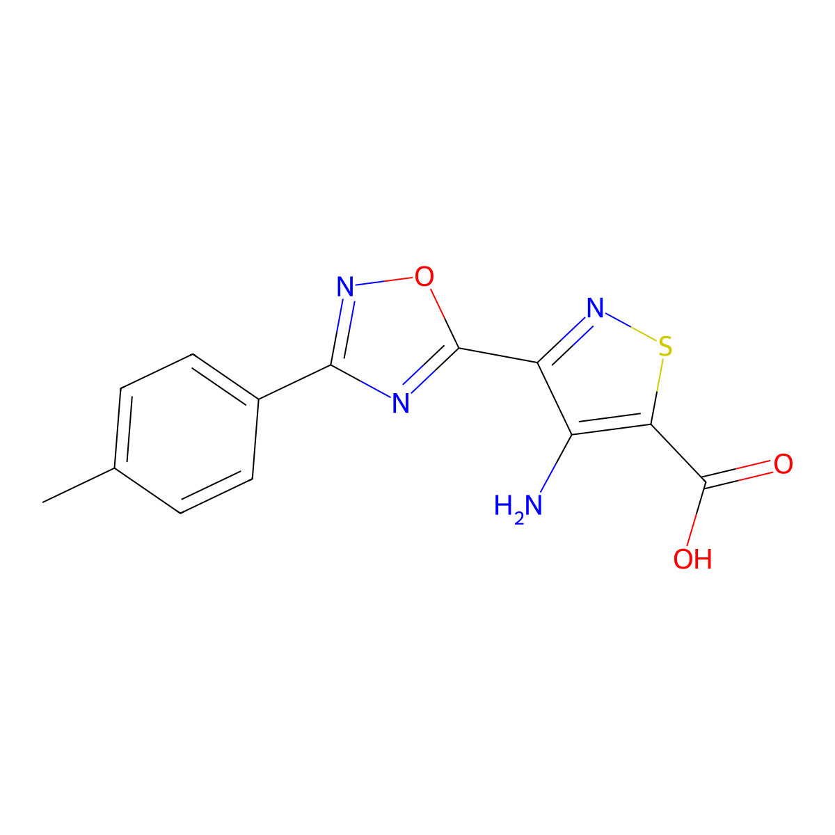 4-Amino-3-[3-(4-methylphenyl)-1,2,4-oxadiazol-5-yl]-1,2-thiazole-5-carboxylic acid molecular structure, CAS 1351819-36-7