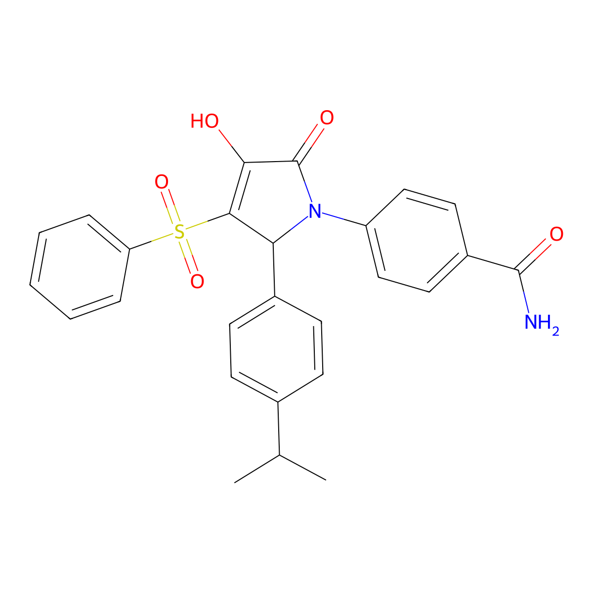 4-{3-hydroxy-2-oxo-4-(phenylsulfonyl)-5-[4-(propan-2-yl)phenyl]-2,5-dihydro-1H-pyrrol-1-yl}benzamide molecular structure, CAS 1351826-84-0
