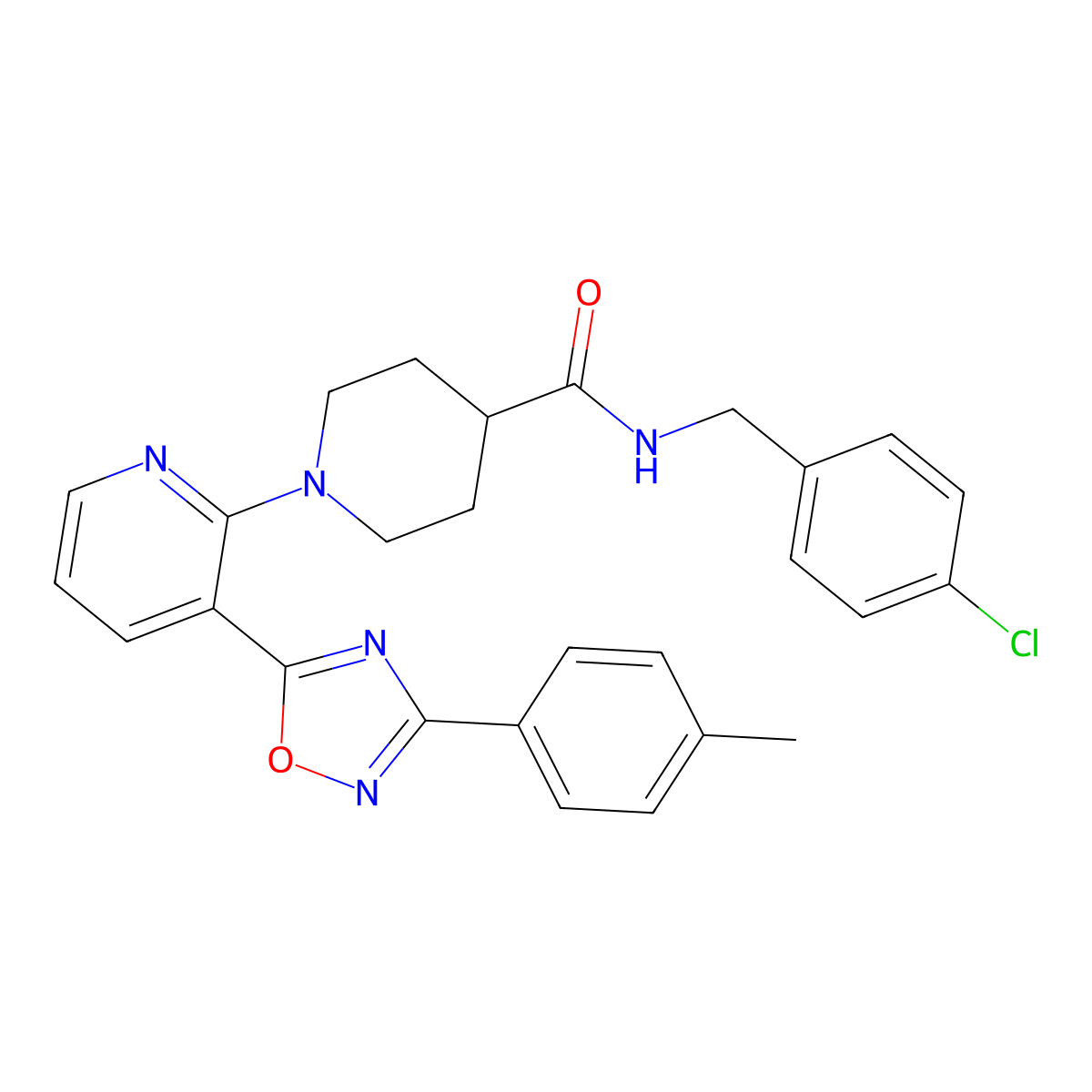 N-(4-chlorobenzyl)-1-{3-[3-(4-methylphenyl)-1,2,4-oxadiazol-5-yl]pyridin-2-yl}piperidine-4-carboxamide molecular structure, CAS 1351834-43-9