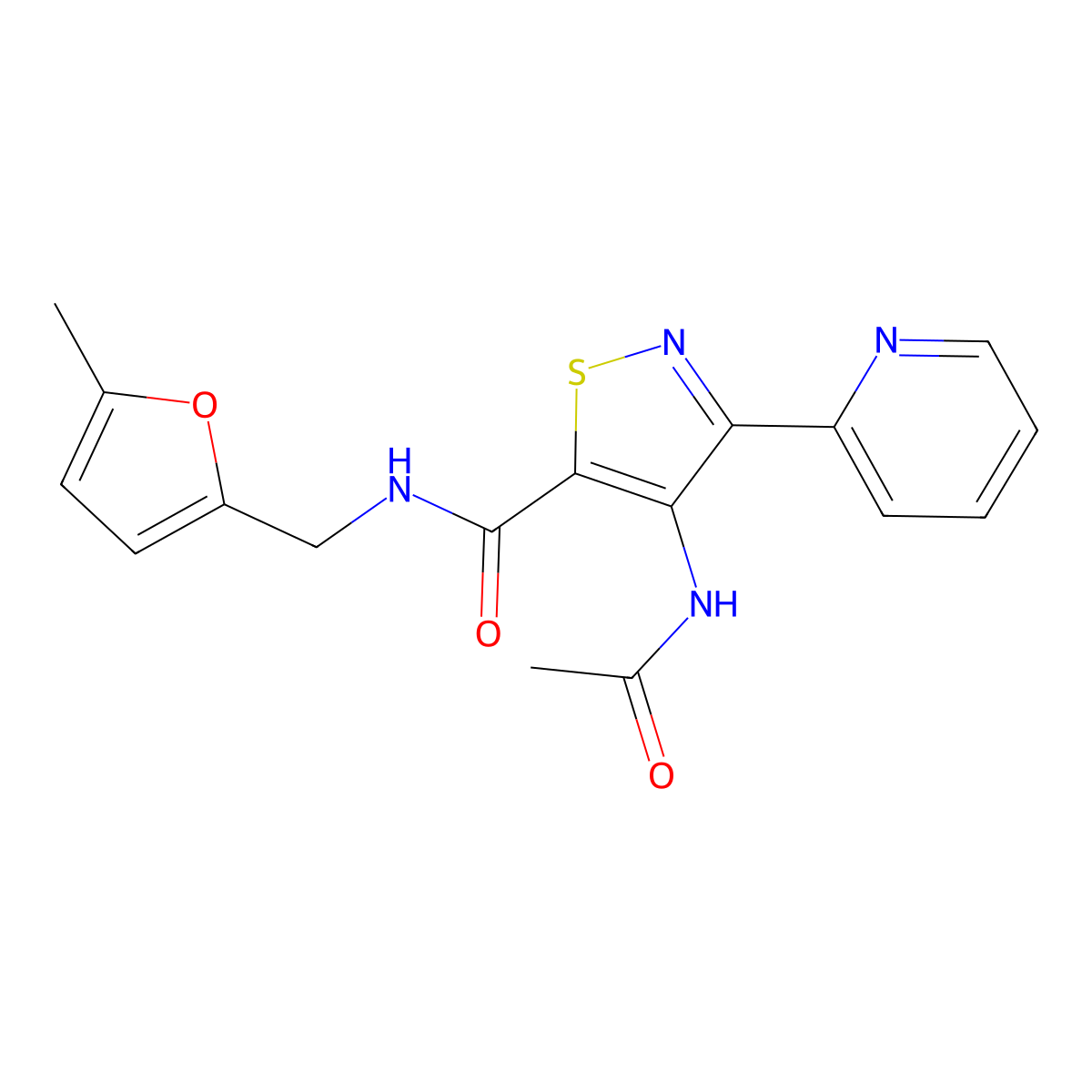 4-(acetylamino)-N-[(5-methyl-2-furyl)methyl]-3-pyridin-2-ylisothiazole-5-carboxamide molecular structure, CAS 1351841-35-4