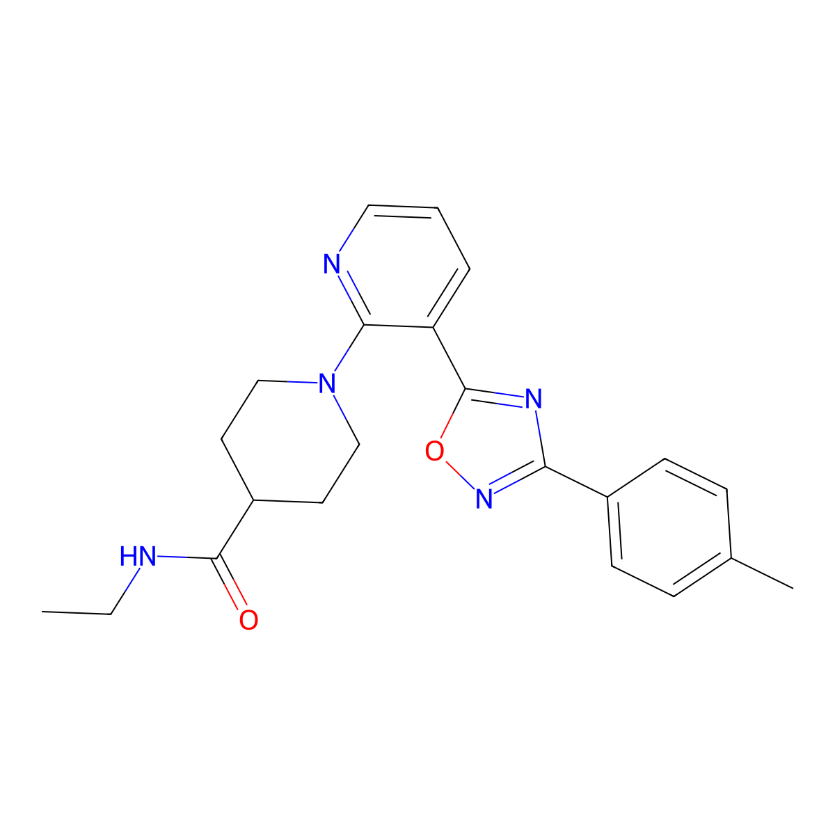 N-ethyl-1-{3-[3-(4-methylphenyl)-1,2,4-oxadiazol-5-yl]pyridin-2-yl}piperidine-4-carboxamide molecular structure, CAS 1351842-47-1