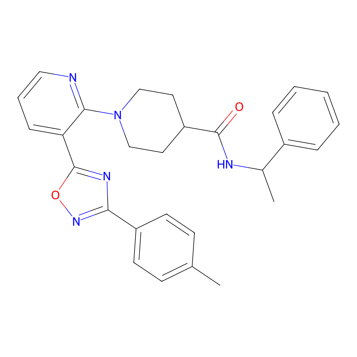 1-{3-[3-(4-methylphenyl)-1,2,4-oxadiazol-5-yl]pyridin-2-yl}-N-(1-phenylethyl)piperidine-4-carboxamide molecular structure, CAS 1351842-95-9