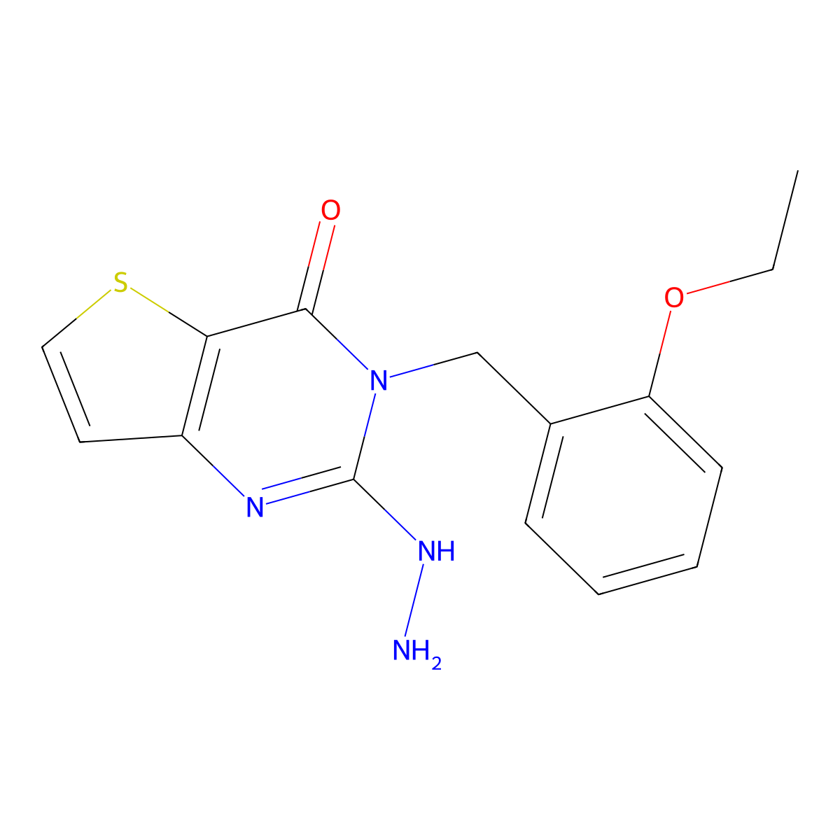 (2E)-3-[(2-ethoxyphenyl)methyl]-2-hydrazinylidene-1H,2H,3H,4H-thieno[3,2-d]pyrimidin-4-one molecular structure, CAS 1351857-15-2