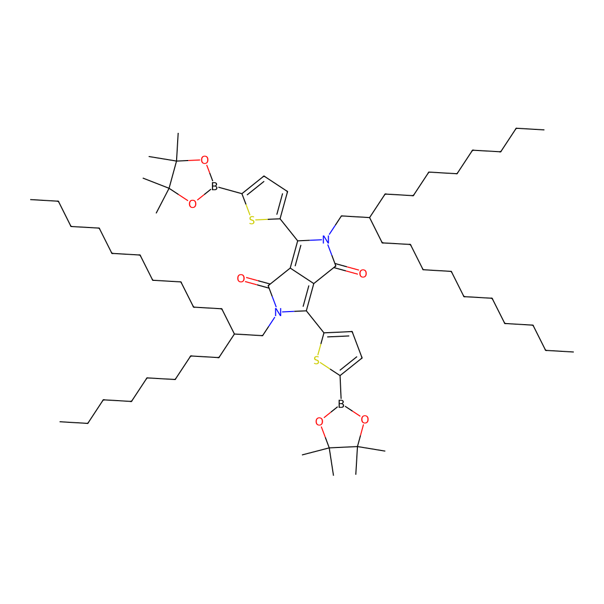 2,5-Bis(2-octyldodecyl)-3,6-bis(5-(4,4,5,5-tetramethyl-1,3,2-dioxaborolan-2-yl)thiophen-2-yl)pyrrolo[3,4-c]pyrrole-1,4(2H,5H)-dione molecular structure, CAS 1351986-34-9