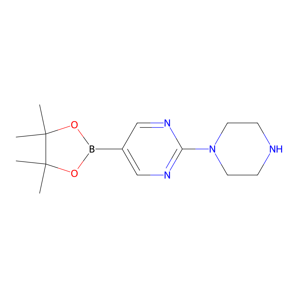 2-(Piperazin-1-yl)-5-(4,4,5,5-tetramethyl-1,3,2-dioxaborolan-2-yl)pyrimidine molecular structure, CAS 1351990-53-8