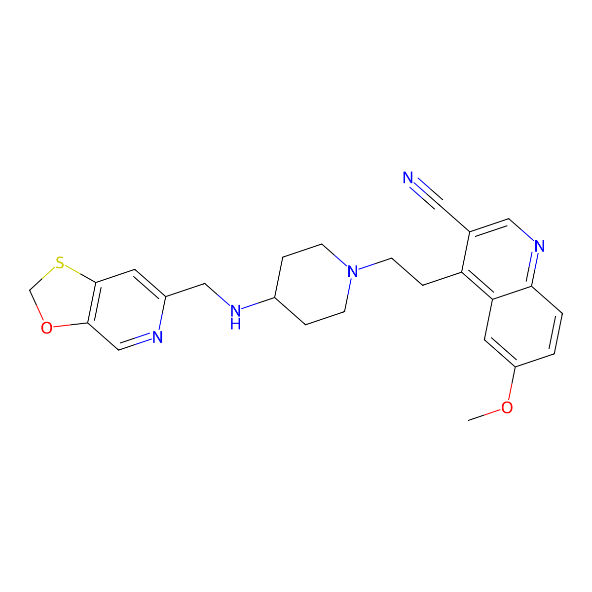 6-Methoxy-4-(2-{4-[([1,3]oxathiolo[5,4-C]pyridin-6-Ylmethyl)amino]piperidin-1-Yl}ethyl)quinoline-3-Carbonitrile molecular structure, CAS 1352149-24-6