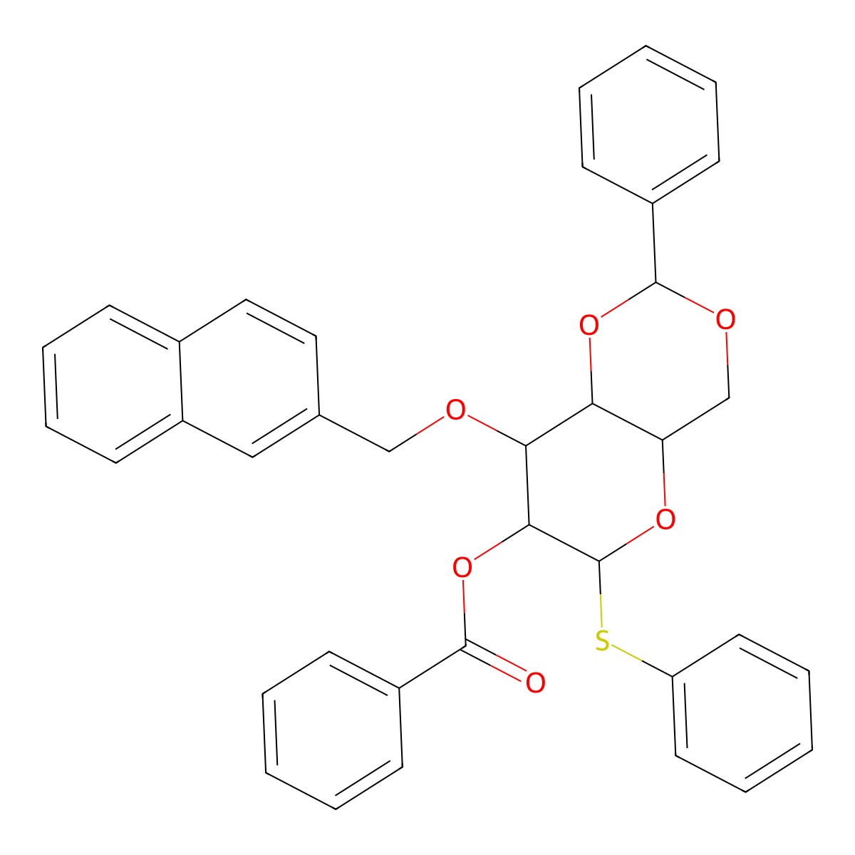 Phenyl 2-O-benzoyl-4,6-O-benzylidene-3-O-(2-naphthylmethyl)-b-D-thioglucopyranoside molecular structure, CAS 1352561-95-5