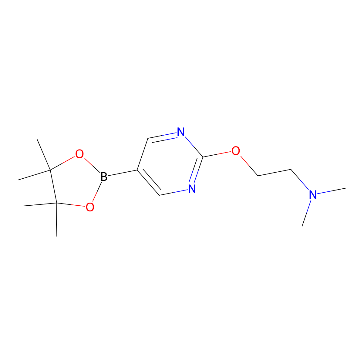 N,N-dimethyl-2-((5-(4,4,5,5-tetramethyl-1,3,2-dioxaborolan-2-yl)pyrimidin-2-yl)oxy)ethan-1-amine molecular structure, CAS 1352574-73-2