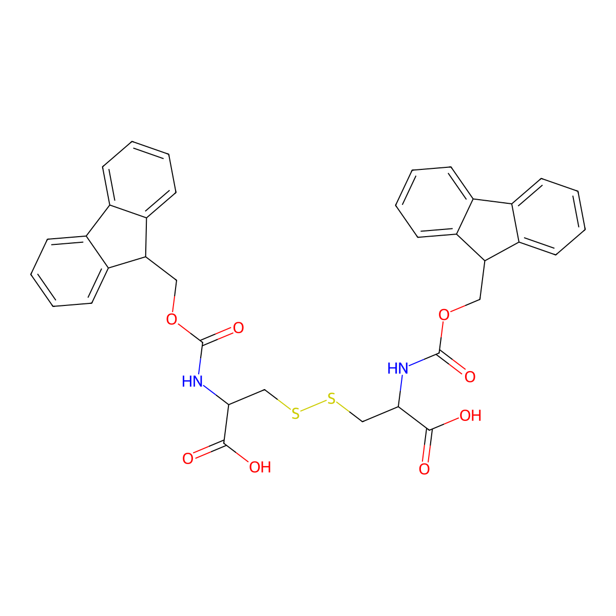 (2R,2'R)-3,3'-Disulfanediylbis(2-((((9H-fluoren-9-yl)methoxy)carbonyl)amino)propanoic acid) molecular structure, CAS 135273-01-7