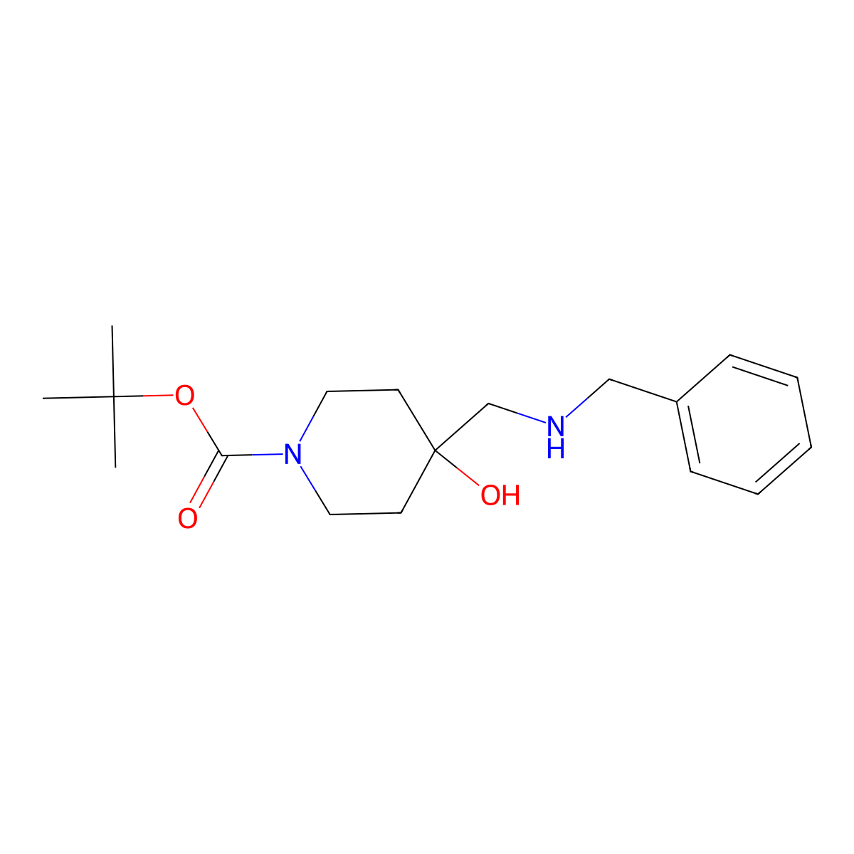 Tert-butyl 4-((benzylamino)methyl)-4-hydroxypiperidine-1-carboxylate molecular structure, CAS 1352925-68-8