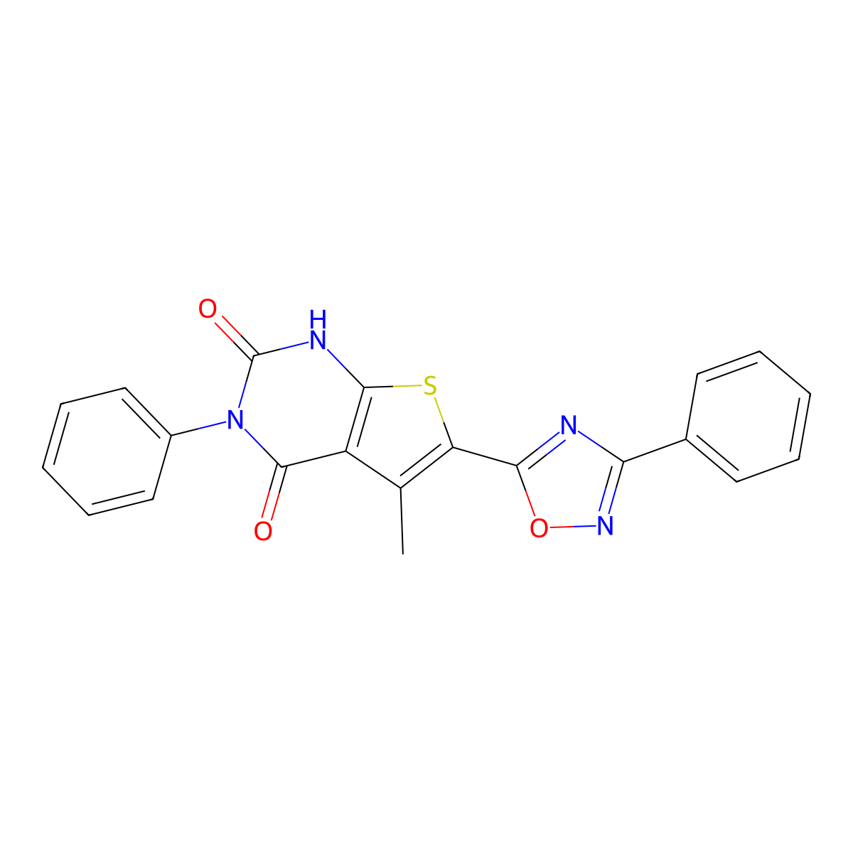 5-methyl-3-phenyl-6-(3-phenyl-1,2,4-oxadiazol-5-yl)thieno[2,3-d]pyrimidine-2,4(1H,3H)-dione molecular structure, CAS 1352940-86-3