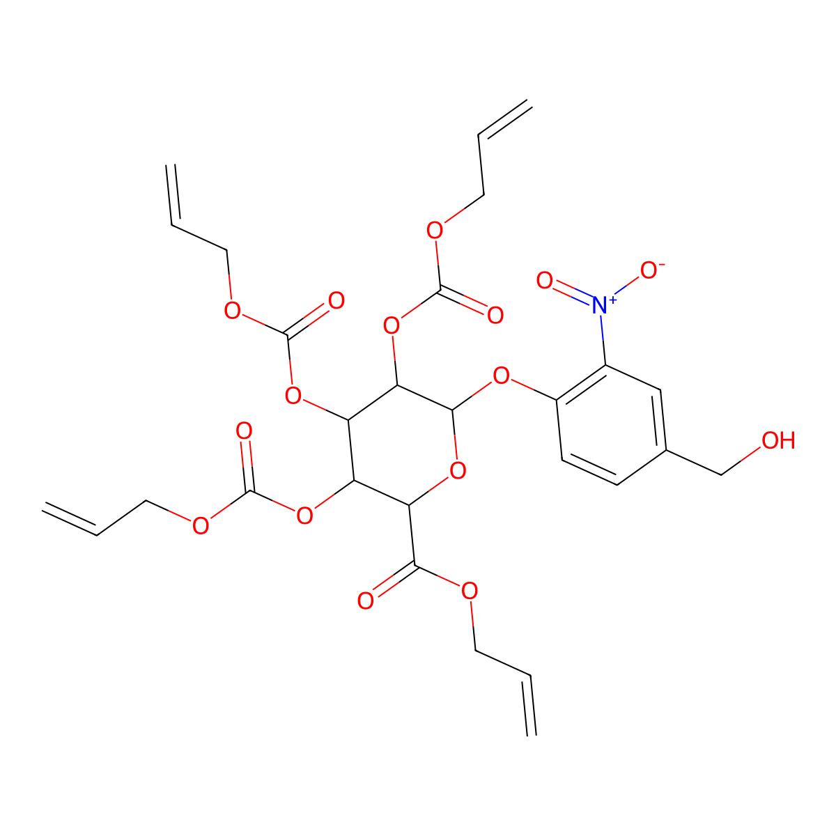 allyl (2S,3S,4S,5R,6S)-3,4,5-tris(((allyloxy)carbonyl)oxy)-6-(4-(hydroxymethyl)-2-nitrophenoxy)tetrahydro-2H-pyran-2-carboxylate molecular structure, CAS 1353003-35-6