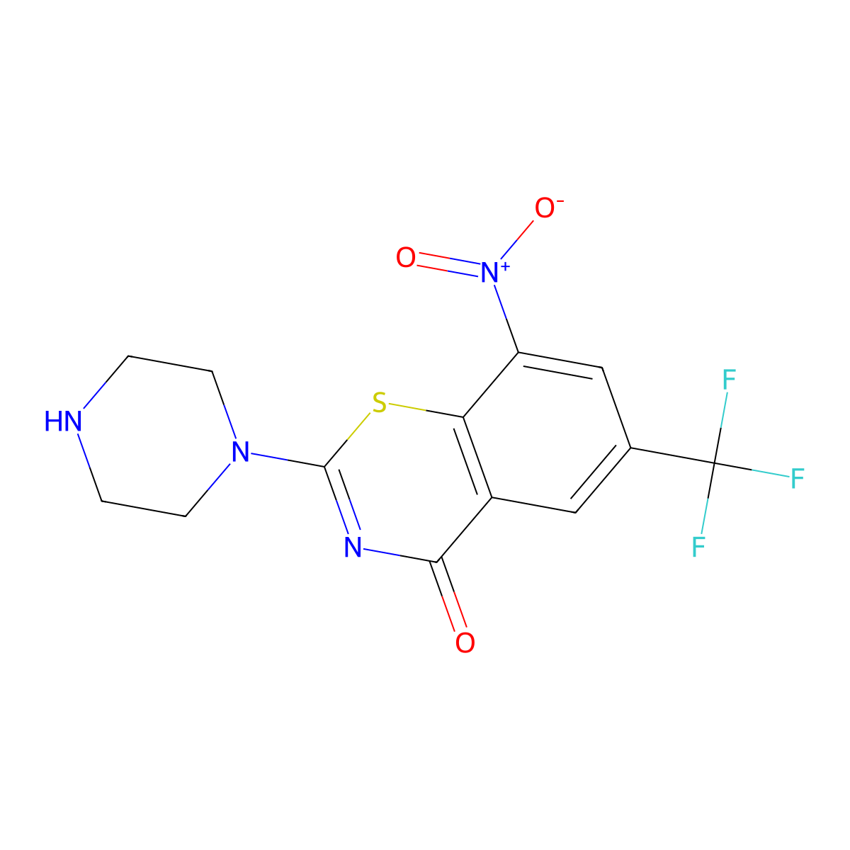 8-Nitro-2-(piperazin-1-yl)-6-(trifluoromethyl)-4H-benzo[e][1,3]thiazin-4-one molecular structure, CAS 1353184-54-9