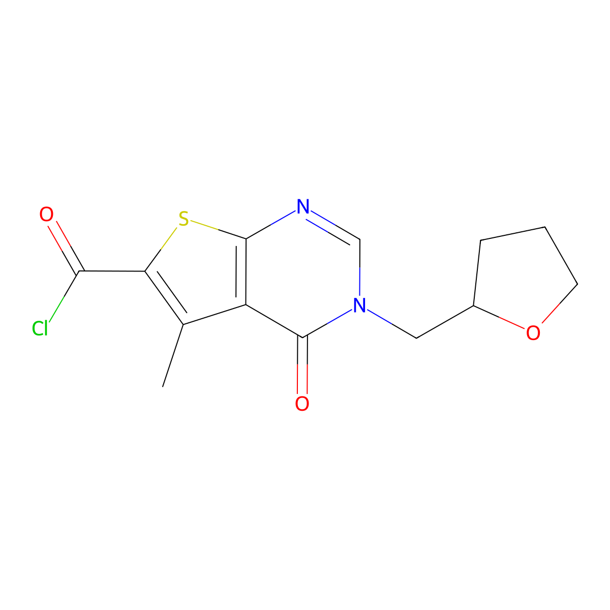 5-Methyl-4-oxo-3-(oxolan-2-ylmethyl)-3-hydrothiopheno[2,3-d]pyrimidine-6-carbo nyl chloride molecular structure, CAS 1353507-05-7