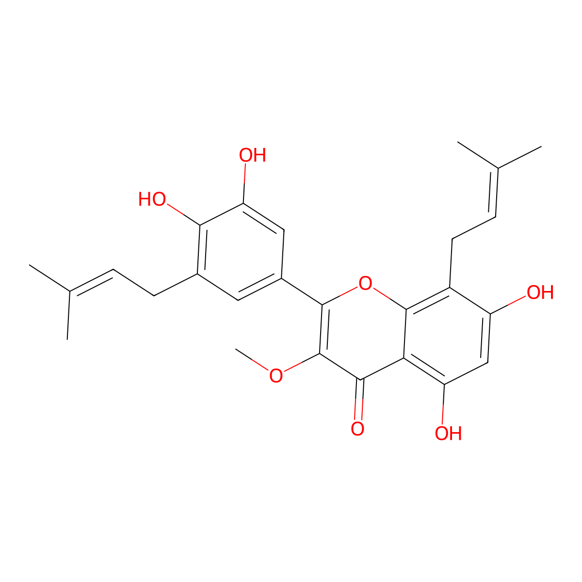 5,7,3',4'-Tetrahydroxy-3-methoxy-8,5'-diprenylflavone molecular structure, CAS 1353676-65-9
