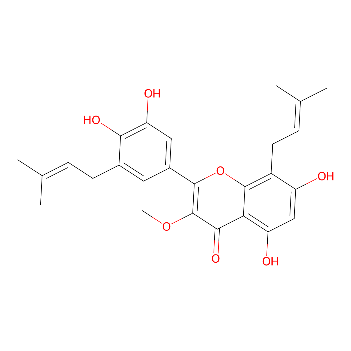 5,7,3',4'-Tetrahydroxy-3-methoxy-8,5'-diprenylflavone molecular structure, CAS 1353676-65-9