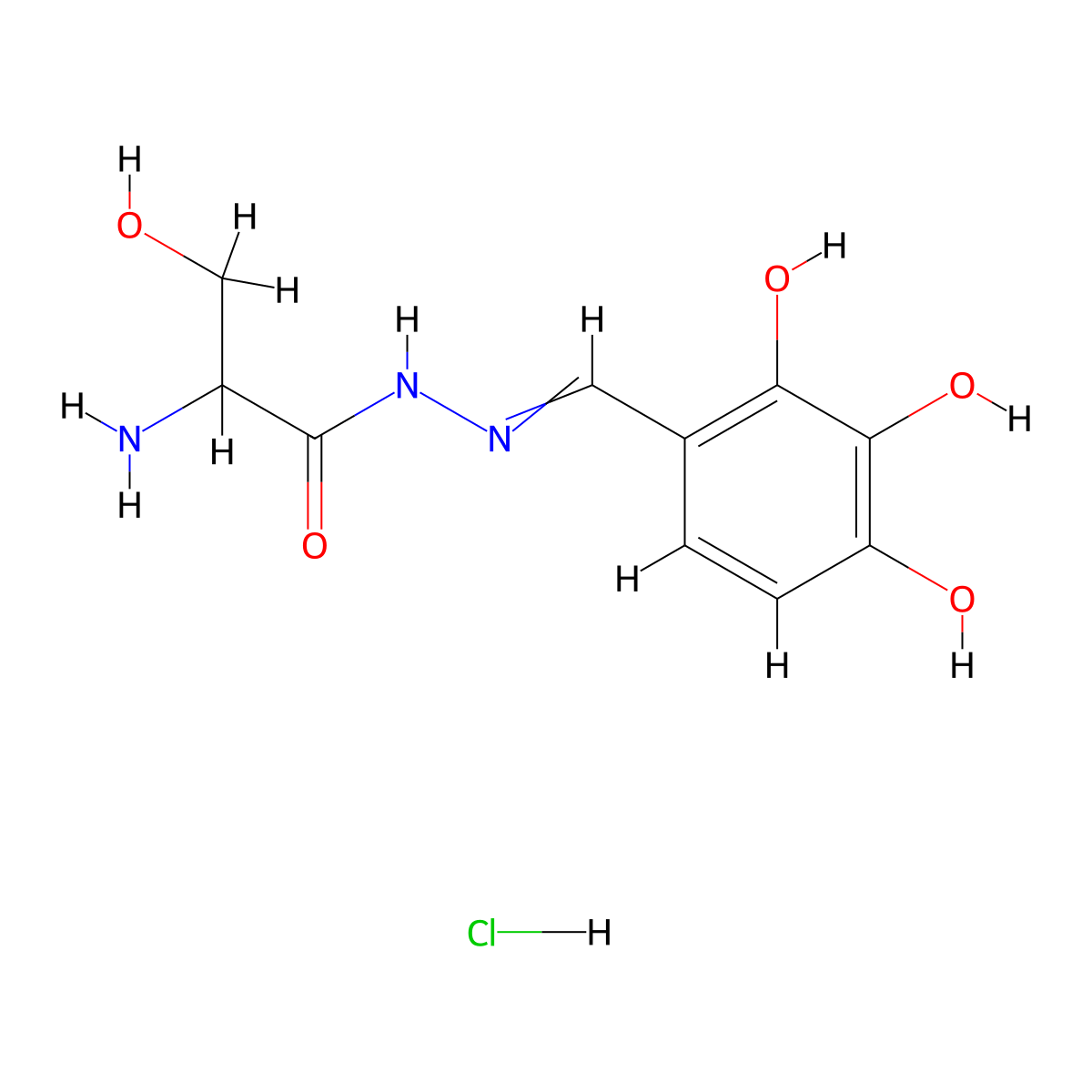 2-amino-3-hydroxy-N-[(2,3,4-trihydroxyphenyl)methylideneamino]propanamide;hydrochloride molecular structure, CAS 1353749-74-2
