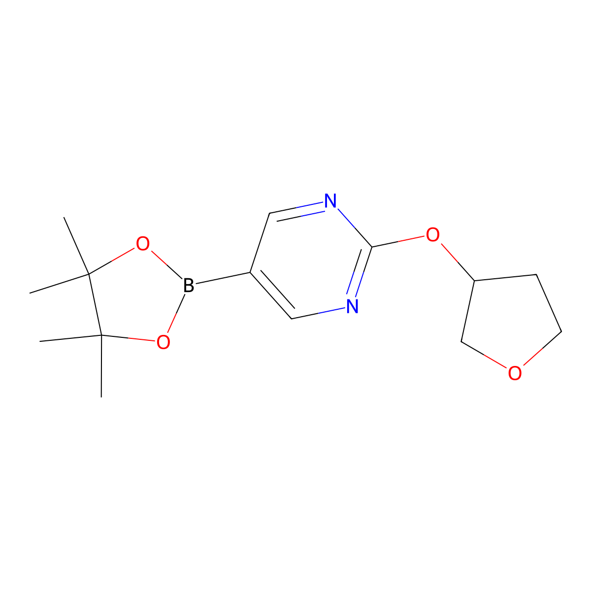 2-((Tetrahydrofuran-3-yl)oxy)-5-(4,4,5,5-tetramethyl-1,3,2-dioxaborolan-2-yl)pyrimidine molecular structure, CAS 1353877-86-7