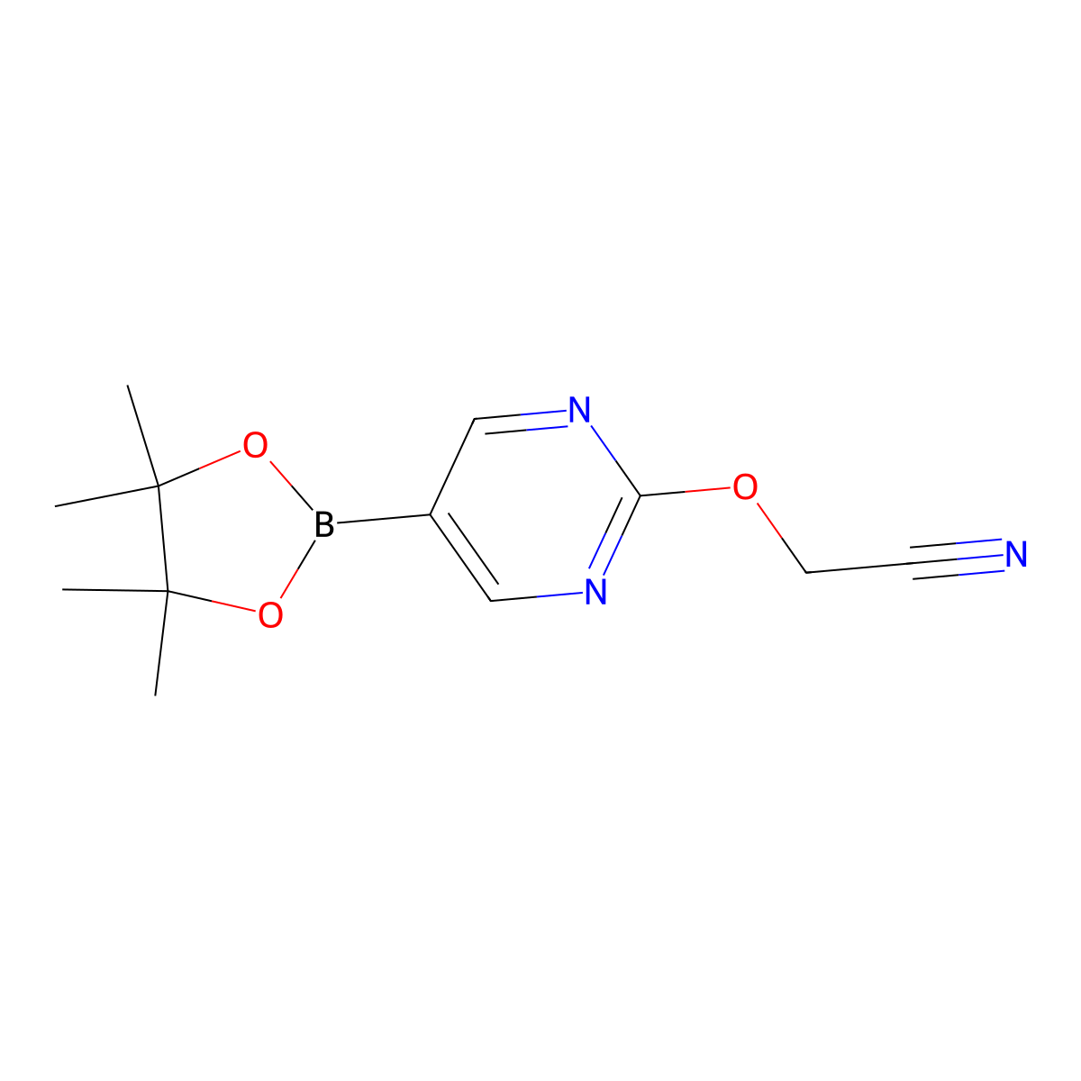 2-((5-(4,4,5,5-Tetramethyl-1,3,2-dioxaborolan-2-yl)pyrimidin-2-yl)oxy)acetonitrile molecular structure, CAS 1353877-88-9