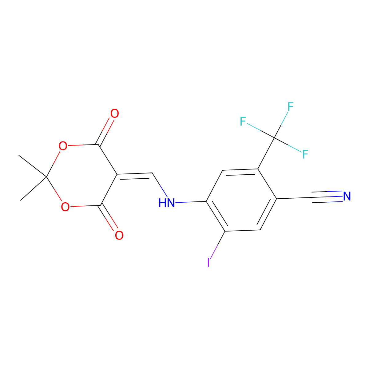 4-(((2,2-Dimethyl-4,6-dioxo-1,3-dioxan-5-ylidene)methyl)amino)-5-iodo-2-(trifluoromethyl)benzonitrile molecular structure, CAS 1353878-20-2