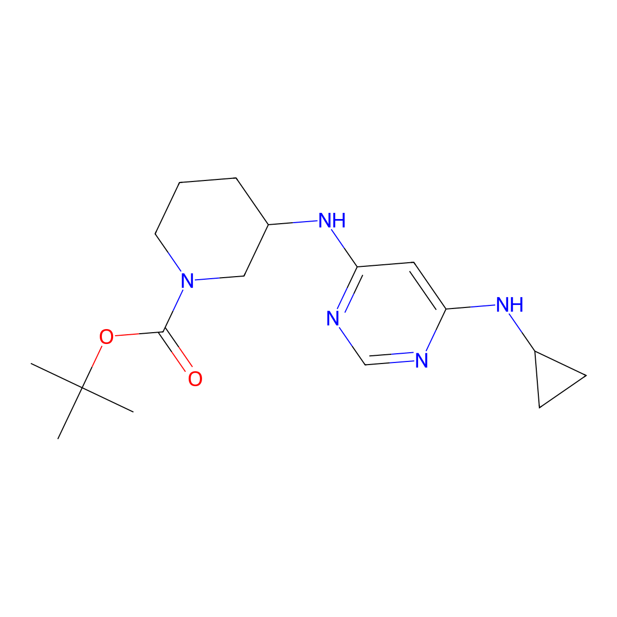 tert-Butyl 3-((6-(cyclopropylamino)pyrimidin-4-yl)amino)piperidine-1-carboxylate molecular structure, CAS 1353944-47-4