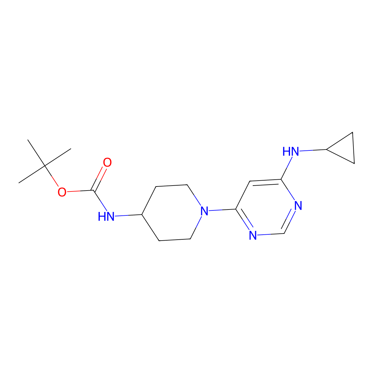 tert-Butyl (1-(6-(cyclopropylamino)pyrimidin-4-yl)piperidin-4-yl)carbamate molecular structure, CAS 1353944-62-3