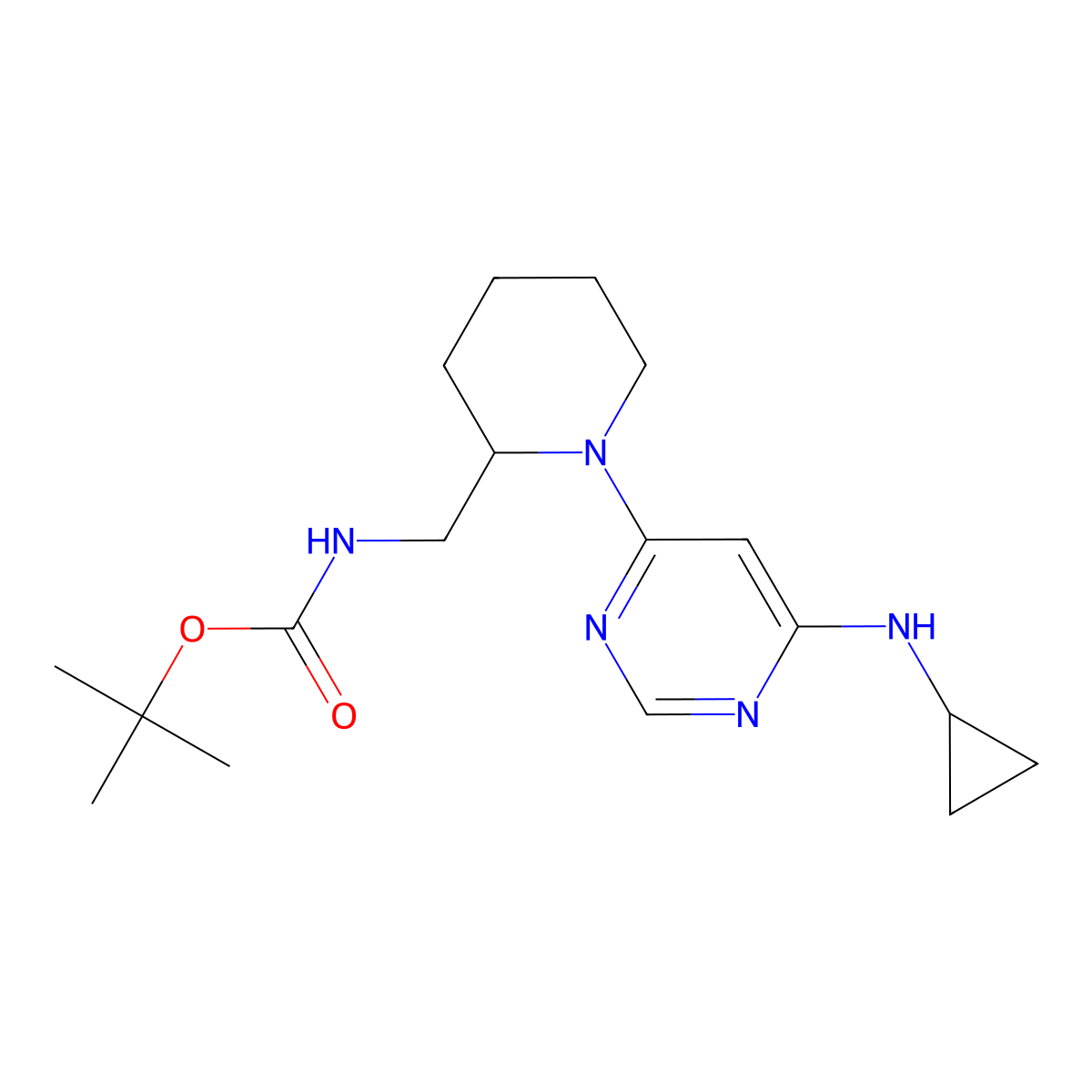 tert-Butyl ((1-(6-(cyclopropylamino)pyrimidin-4-yl)piperidin-2-yl)methyl)carbamate molecular structure, CAS 1353944-71-4