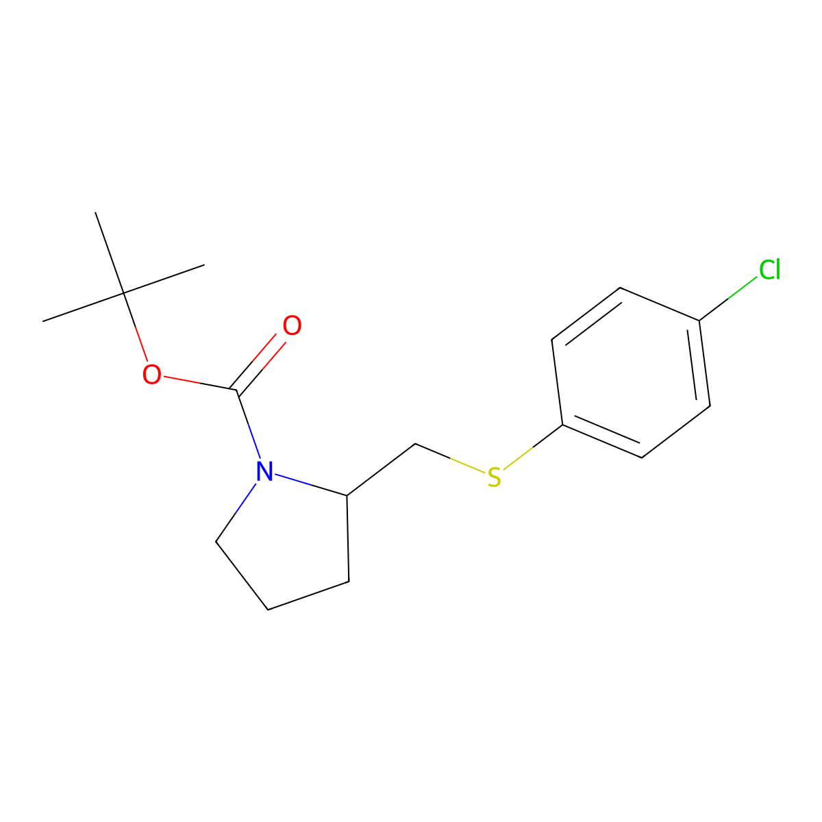 tert-Butyl 2-(((4-chlorophenyl)thio)methyl)pyrrolidine-1-carboxylate molecular structure, CAS 1353945-88-6