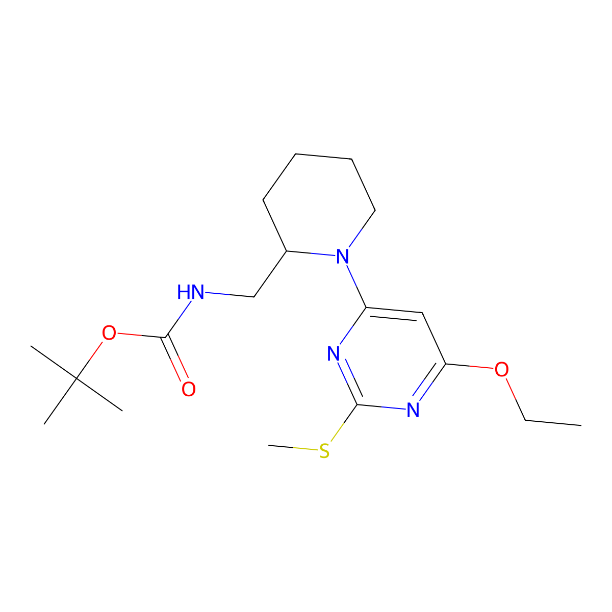 tert-Butyl ((1-(6-ethoxy-2-(methylthio)pyrimidin-4-yl)piperidin-2-yl)methyl)carbamate molecular structure, CAS 1353946-50-5