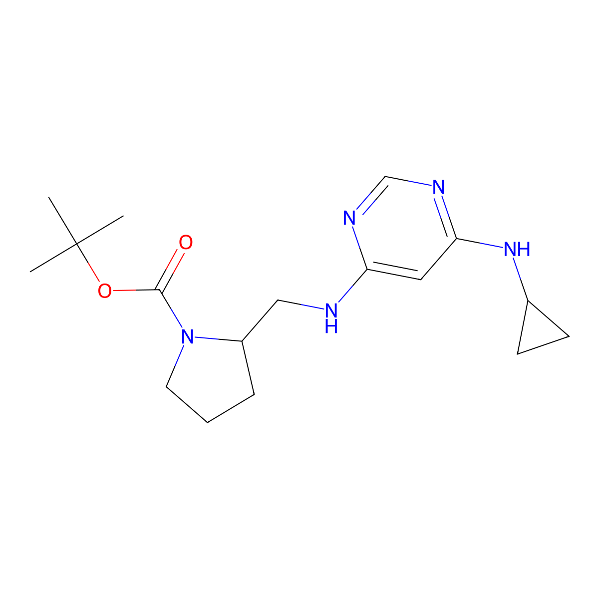 tert-Butyl 2-(((6-(cyclopropylamino)pyrimidin-4-yl)amino)methyl)pyrrolidine-1-carboxylate molecular structure, CAS 1353946-94-7