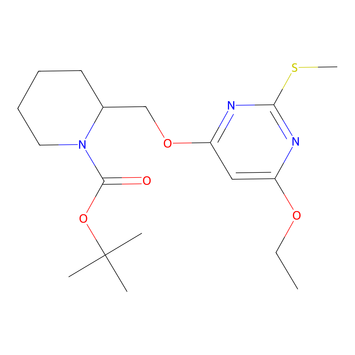 tert-Butyl 2-(((6-ethoxy-2-(methylthio)pyrimidin-4-yl)oxy)methyl)piperidine-1-carboxylate molecular structure, CAS 1353947-06-4
