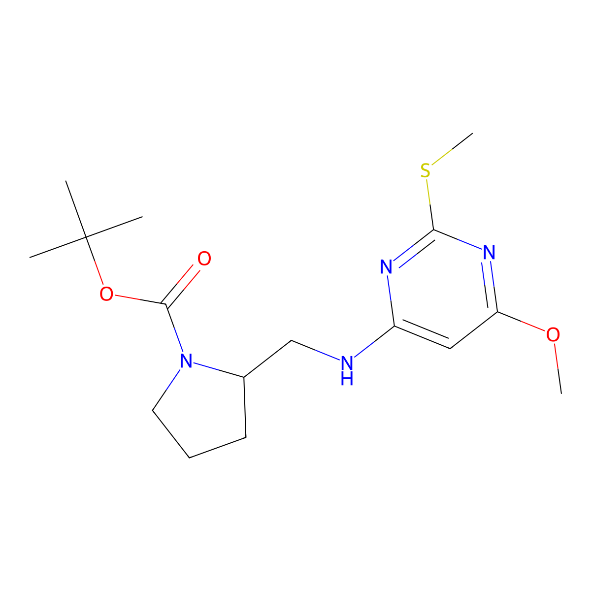 tert-Butyl 2-(((6-methoxy-2-(methylthio)pyrimidin-4-yl)amino)methyl)pyrrolidine-1-carboxylate molecular structure, CAS 1353947-15-5