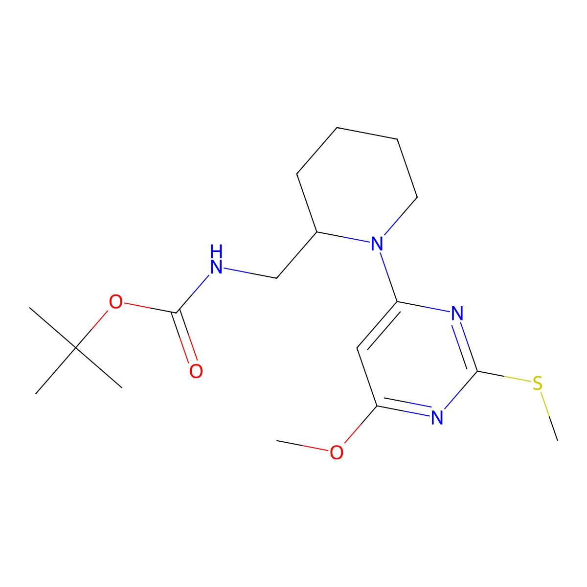 tert-Butyl ((1-(6-methoxy-2-(methylthio)pyrimidin-4-yl)piperidin-2-yl)methyl)carbamate molecular structure, CAS 1353947-50-8
