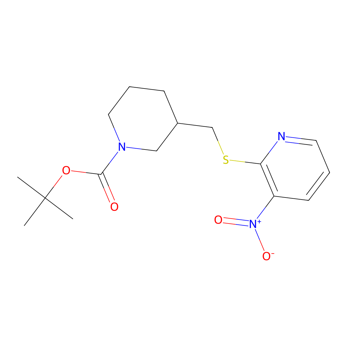 tert-Butyl 3-(((3-nitropyridin-2-yl)thio)methyl)piperidine-1-carboxylate molecular structure, CAS 1353951-90-2