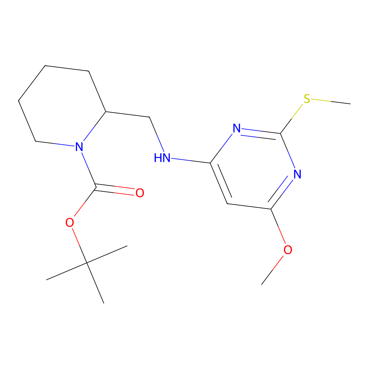 tert-Butyl 2-(((6-methoxy-2-(methylthio)pyrimidin-4-yl)amino)methyl)piperidine-1-carboxylate molecular structure, CAS 1353954-14-9