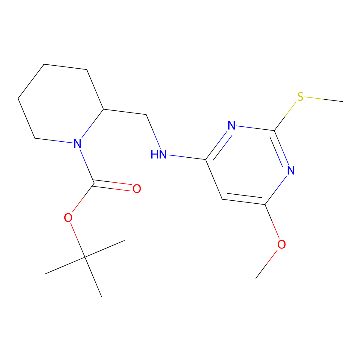 tert-Butyl 2-(((6-methoxy-2-(methylthio)pyrimidin-4-yl)amino)methyl)piperidine-1-carboxylate molecular structure, CAS 1353954-14-9
