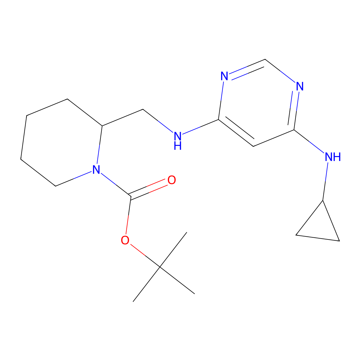 tert-Butyl 2-(((6-(cyclopropylamino)pyrimidin-4-yl)amino)methyl)piperidine-1-carboxylate molecular structure, CAS 1353956-33-8